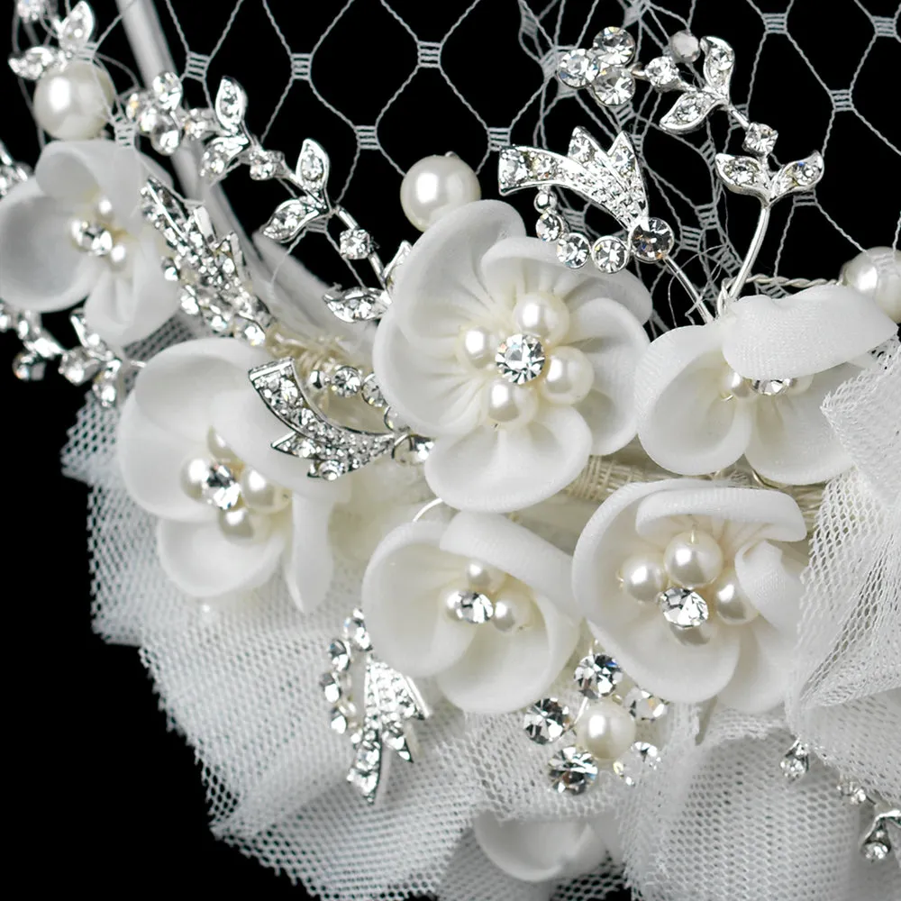 Darling Pearl & Crystal Floral French Net Bridal Headband