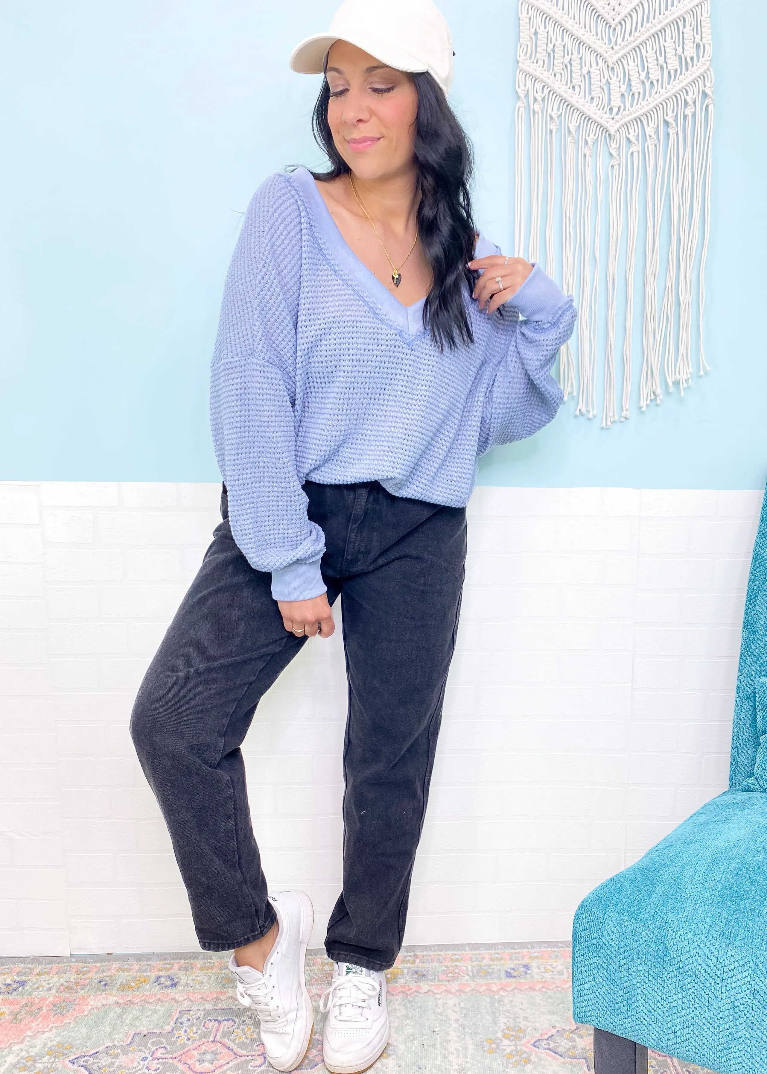 'Devyn' Blue Gray Double V Waffle Knit Slouchy Top -Restock