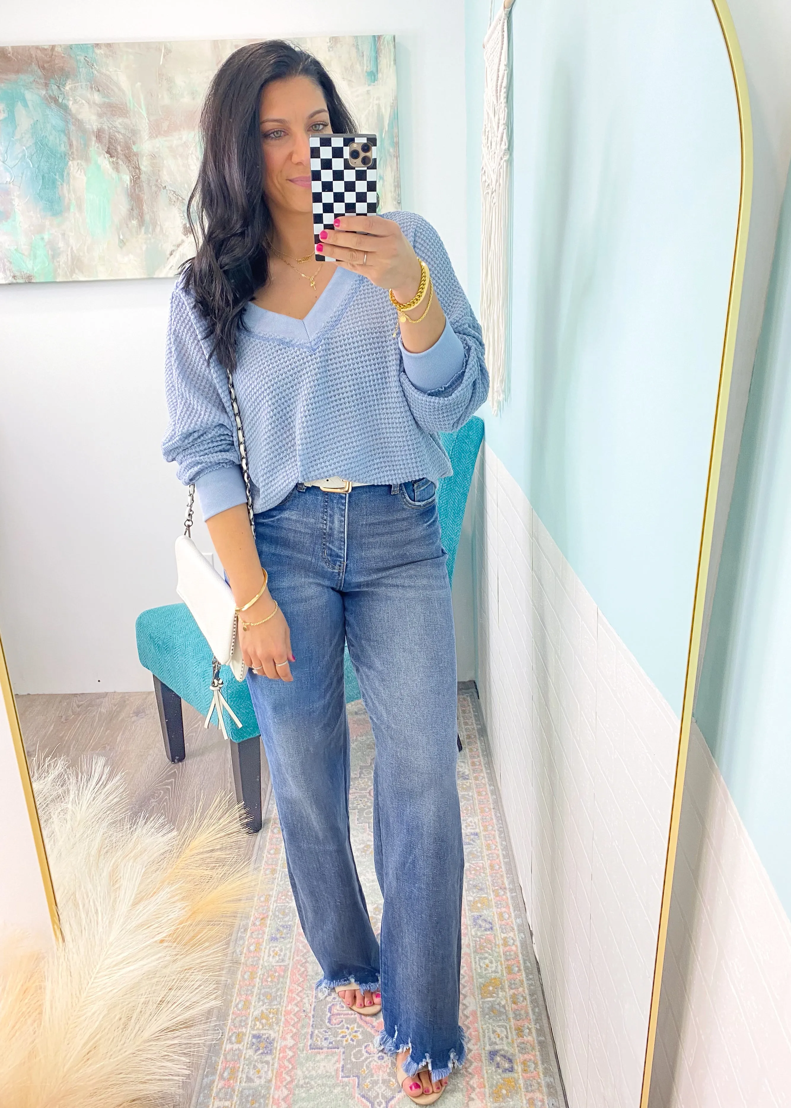 'Devyn' Blue Gray Double V Waffle Knit Slouchy Top -Restock