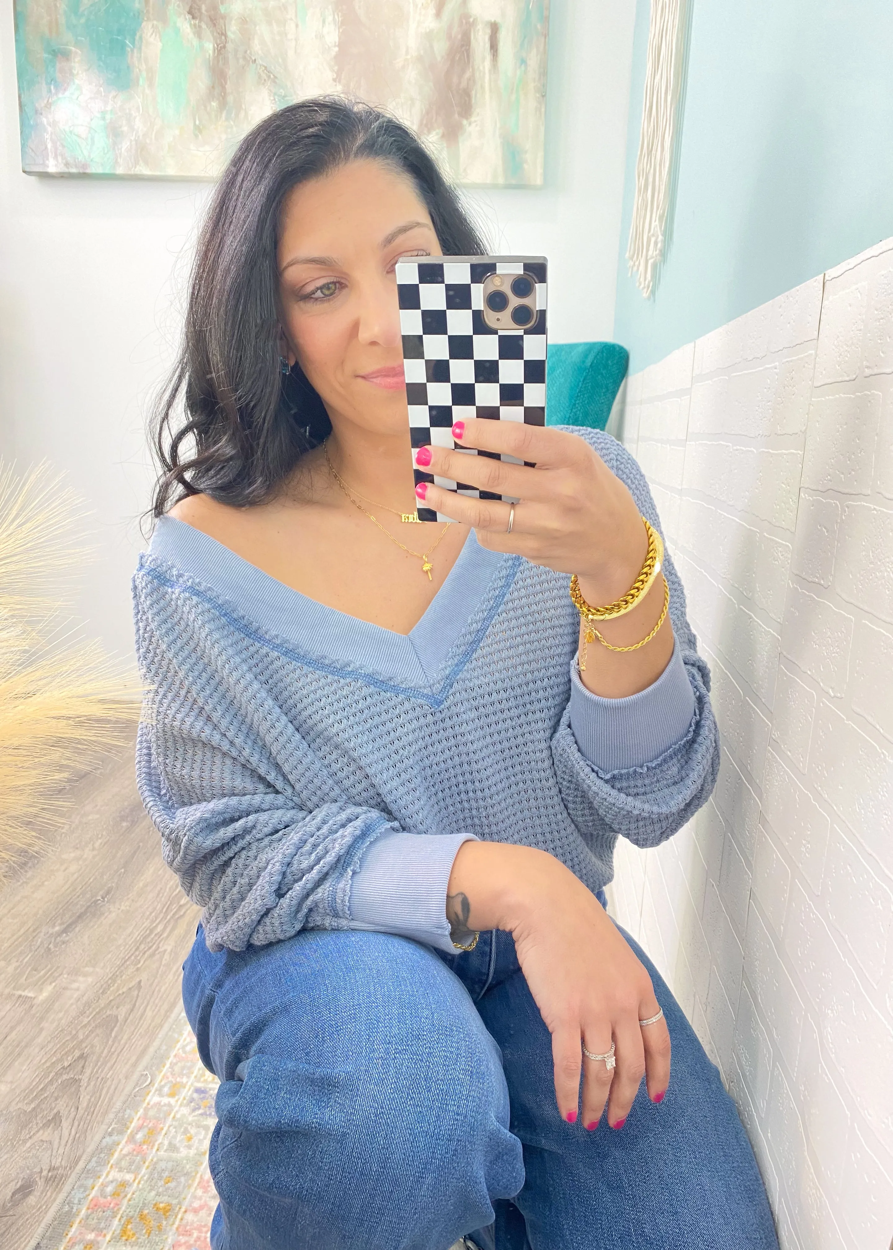 'Devyn' Blue Gray Double V Waffle Knit Slouchy Top -Restock