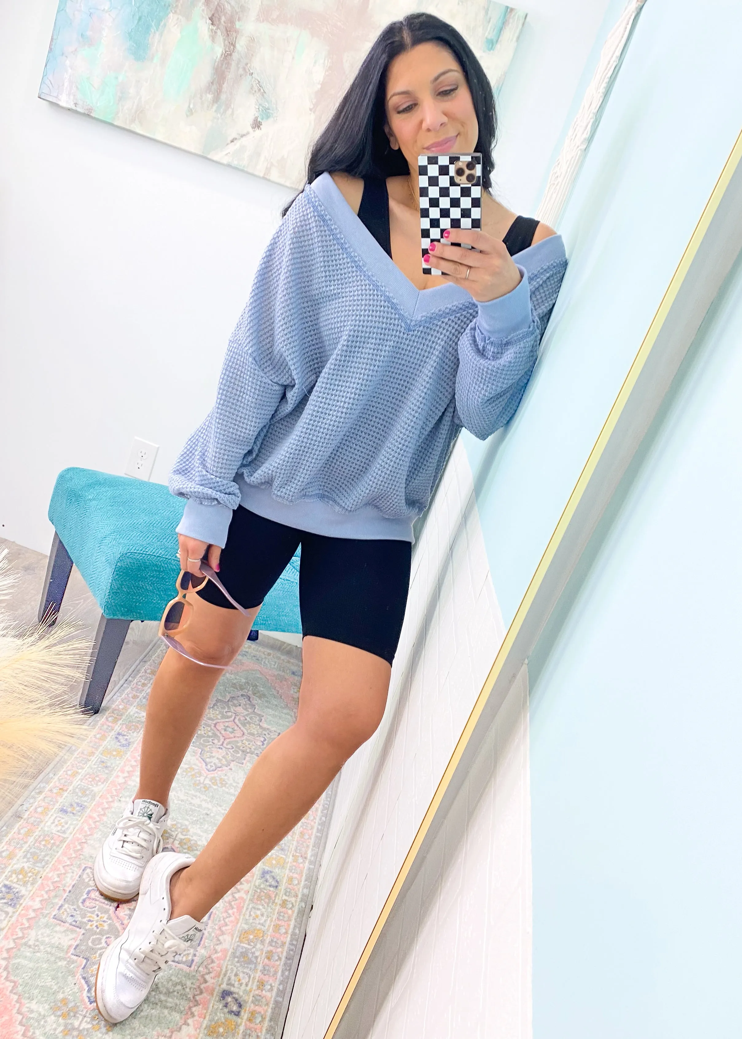 'Devyn' Blue Gray Double V Waffle Knit Slouchy Top -Restock