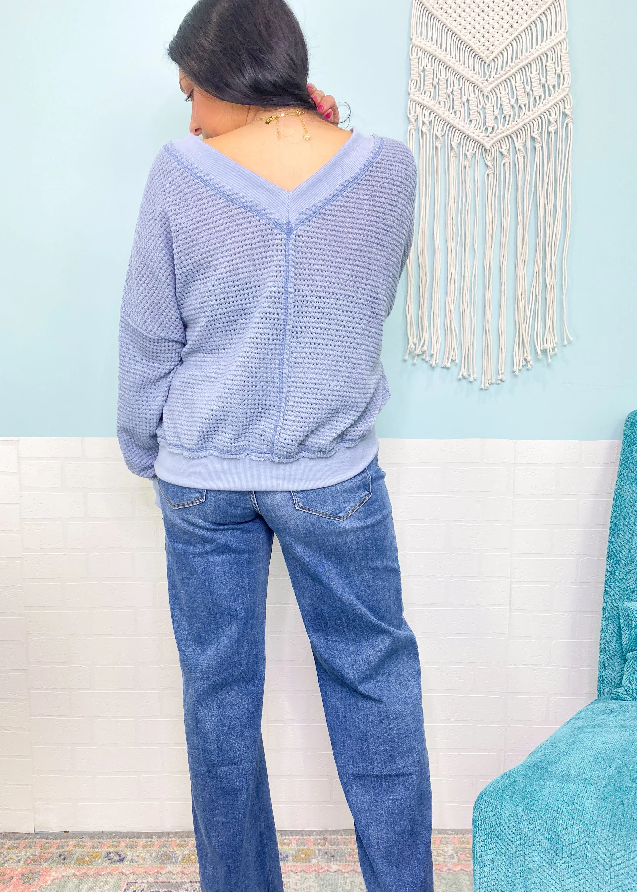 'Devyn' Blue Gray Double V Waffle Knit Slouchy Top -Restock