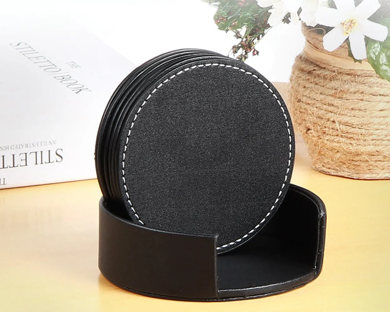 Drink Coasters 6 Pieces PU Leather Coasters with Holder - Black