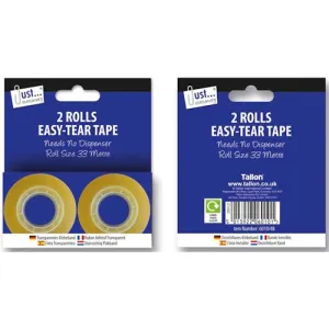 Easy Tear Tape - 2 Pack Transparent Adhesive Office Stationery Needs No Dispenser 33m