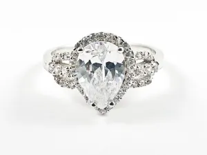 Elegant Center Tear Drop With CZ Frame CZ Sides Silver Ring