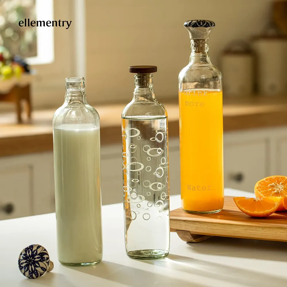 Ellementry Bubbles Handcrafted Glass Water Bottle With Cork (750 Ml) Eco- Friendly Glass Water Bottle For Fridge, Home, Office Bpa Free Sustainable Glass Bottle For Decor And Gifting, Transparent