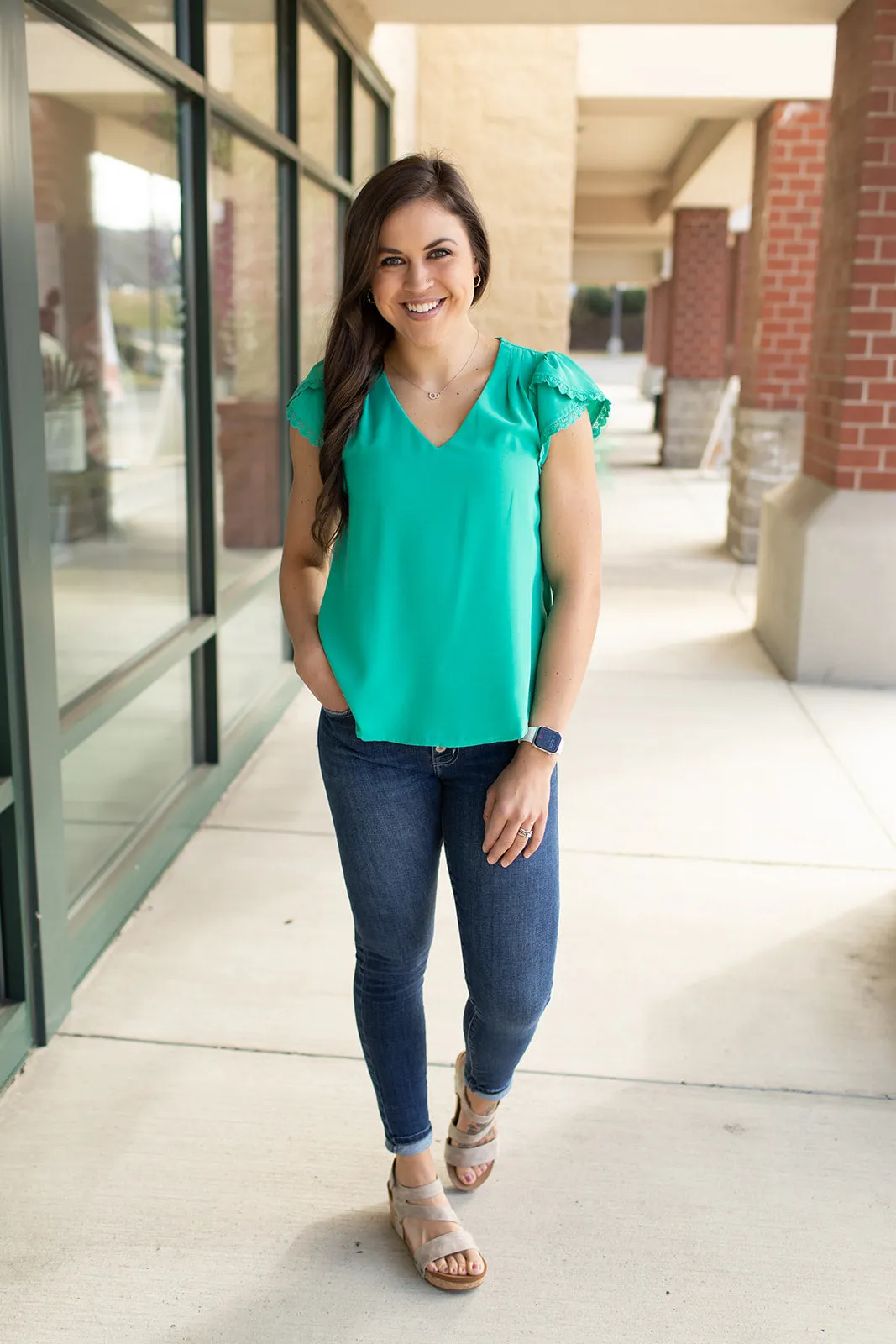 Emerald Green Vneck Tulip Sleeve Top (SM-3X)