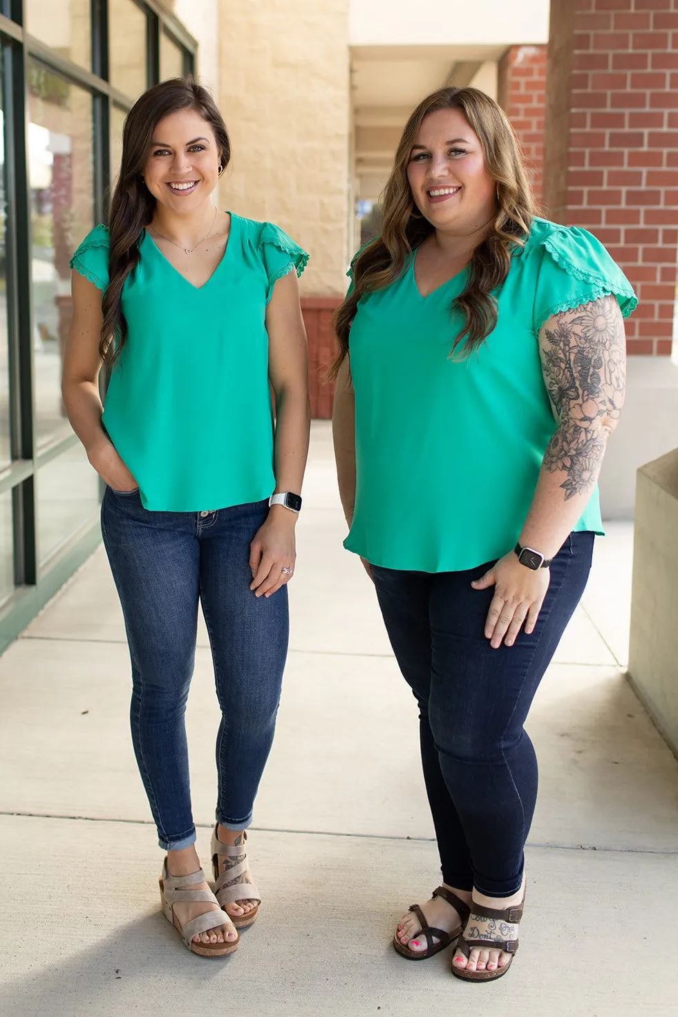 Emerald Green Vneck Tulip Sleeve Top (SM-3X)