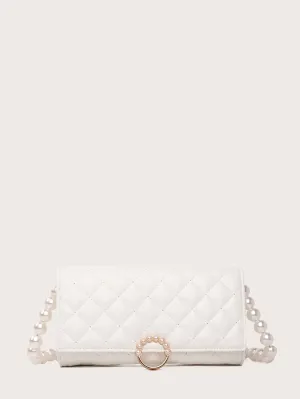 Faux Pearl Decor Flap Crossbody Bag