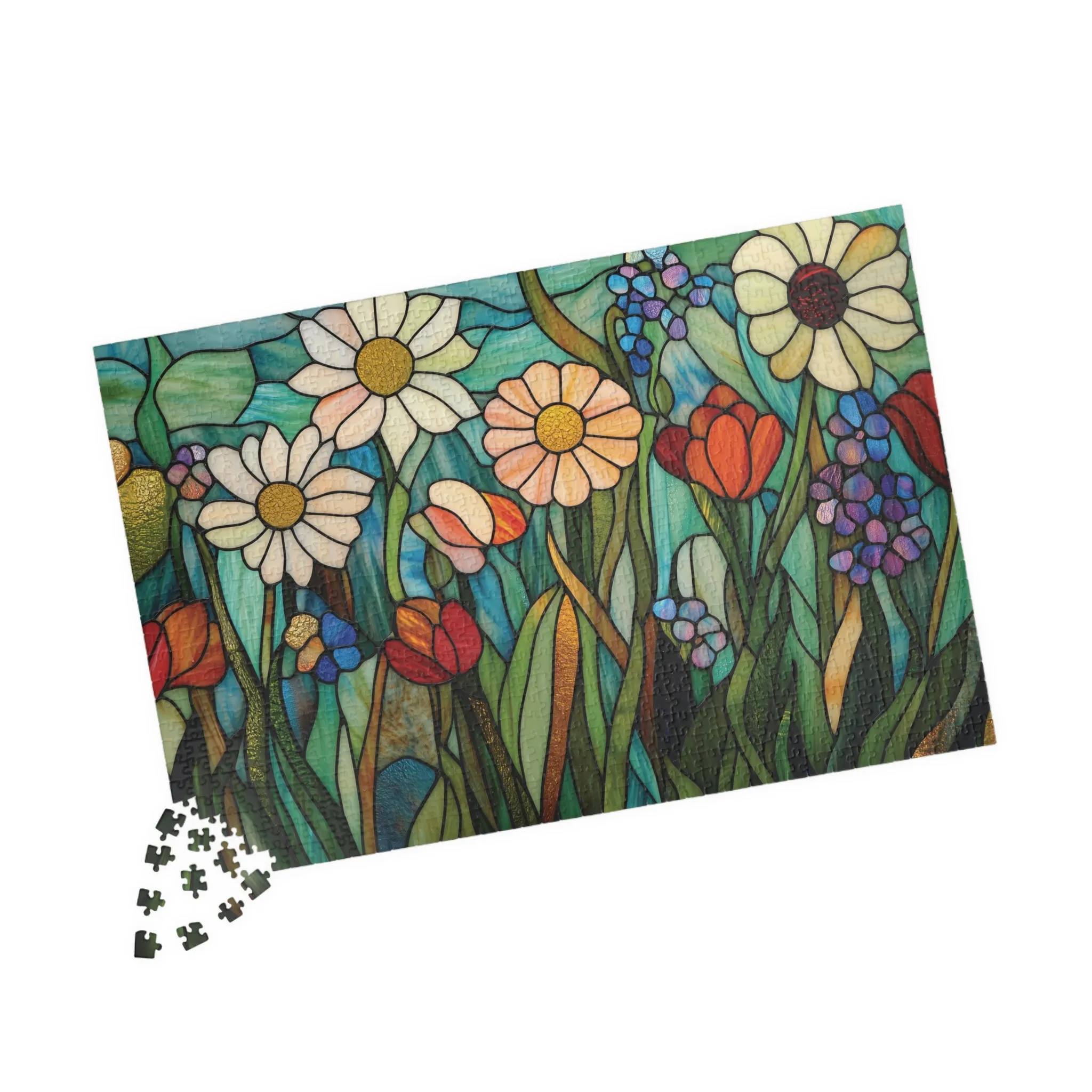 Faux Stained Glass Style Wildflower Puzzle, Vibrant Floral Design, Jigsaw Puzzle, Daisy Poppy Bluebell, Ethereal Effect, Nature Meadow Theme