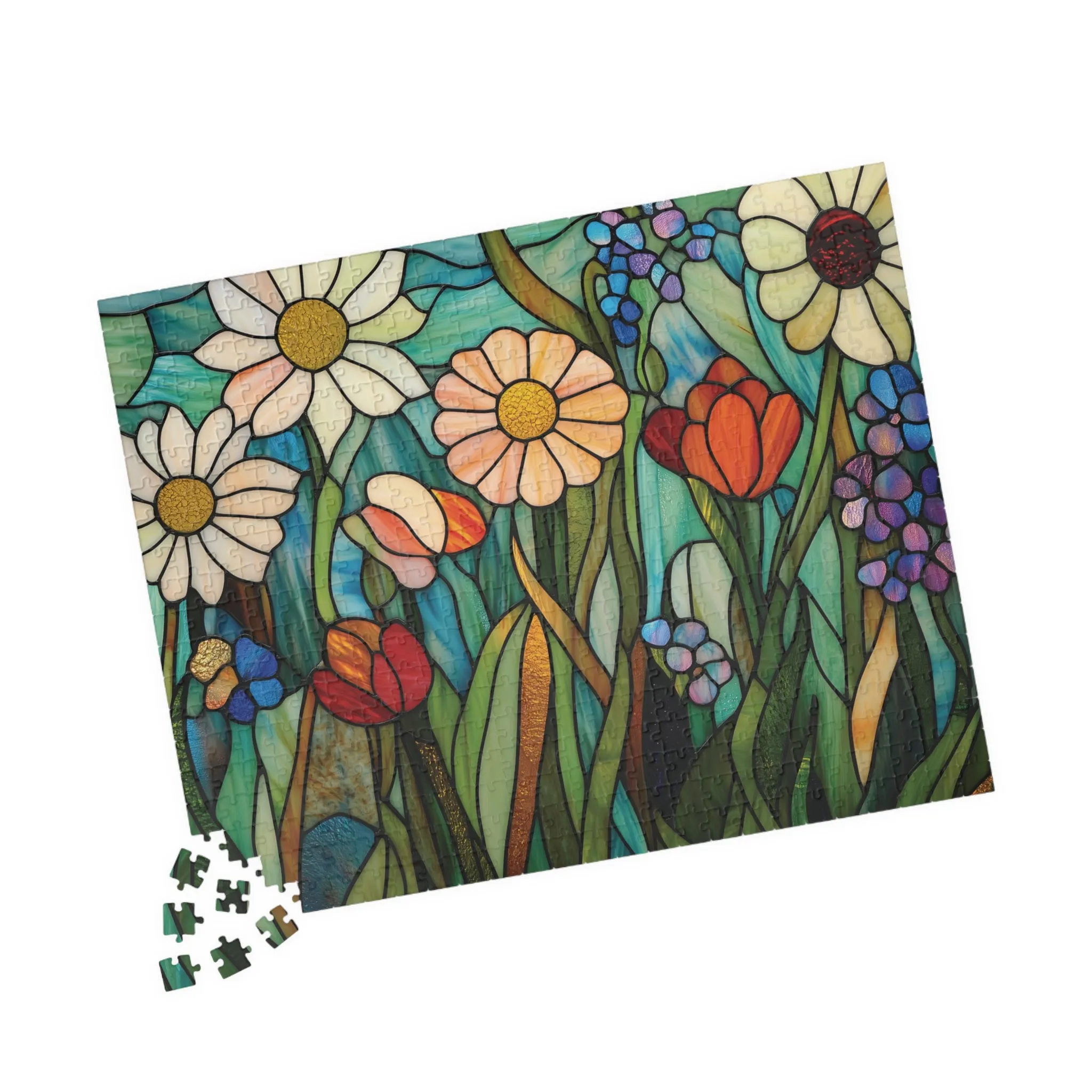 Faux Stained Glass Style Wildflower Puzzle, Vibrant Floral Design, Jigsaw Puzzle, Daisy Poppy Bluebell, Ethereal Effect, Nature Meadow Theme