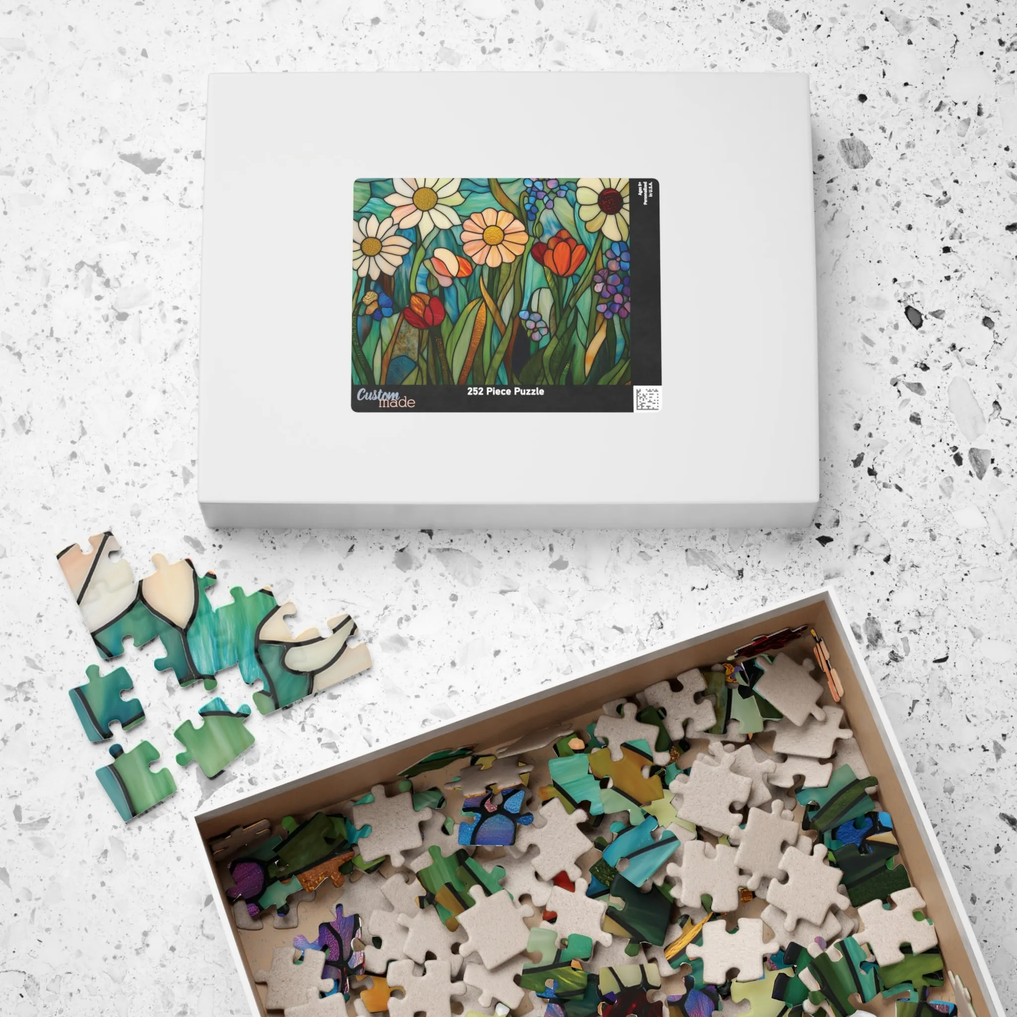 Faux Stained Glass Style Wildflower Puzzle, Vibrant Floral Design, Jigsaw Puzzle, Daisy Poppy Bluebell, Ethereal Effect, Nature Meadow Theme