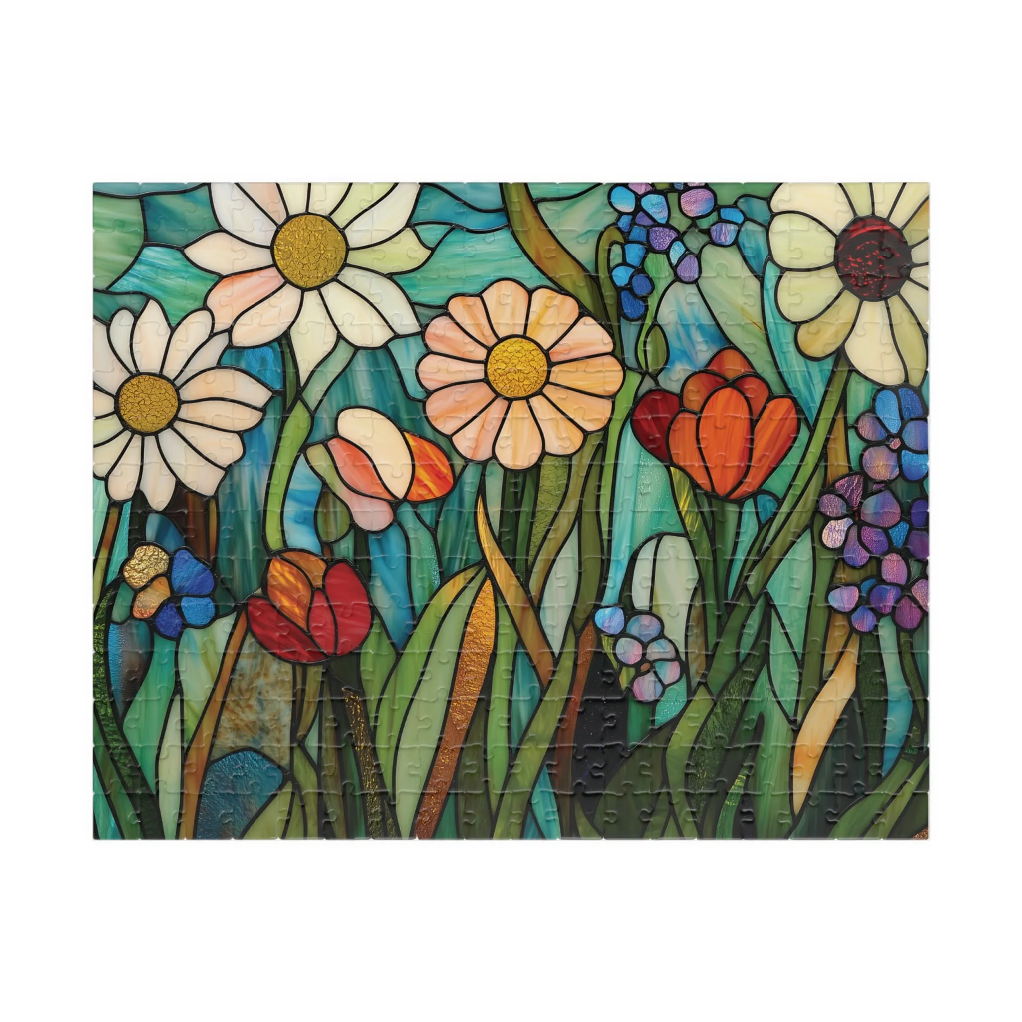 Faux Stained Glass Style Wildflower Puzzle, Vibrant Floral Design, Jigsaw Puzzle, Daisy Poppy Bluebell, Ethereal Effect, Nature Meadow Theme