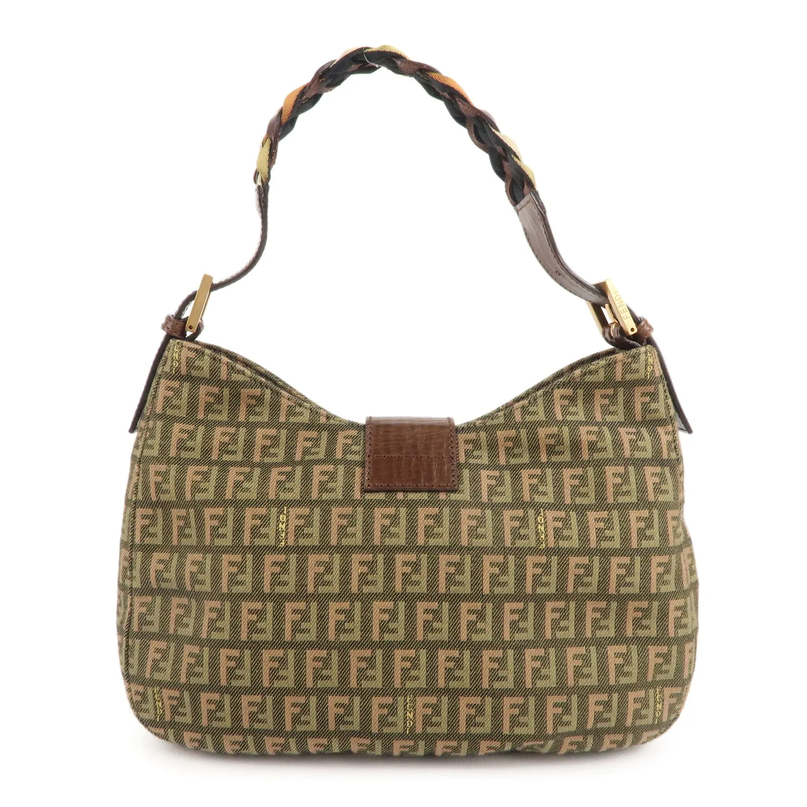 FENDI Zucchino Canvas Leather Shoulder Bag Khaki Brown 8BR036