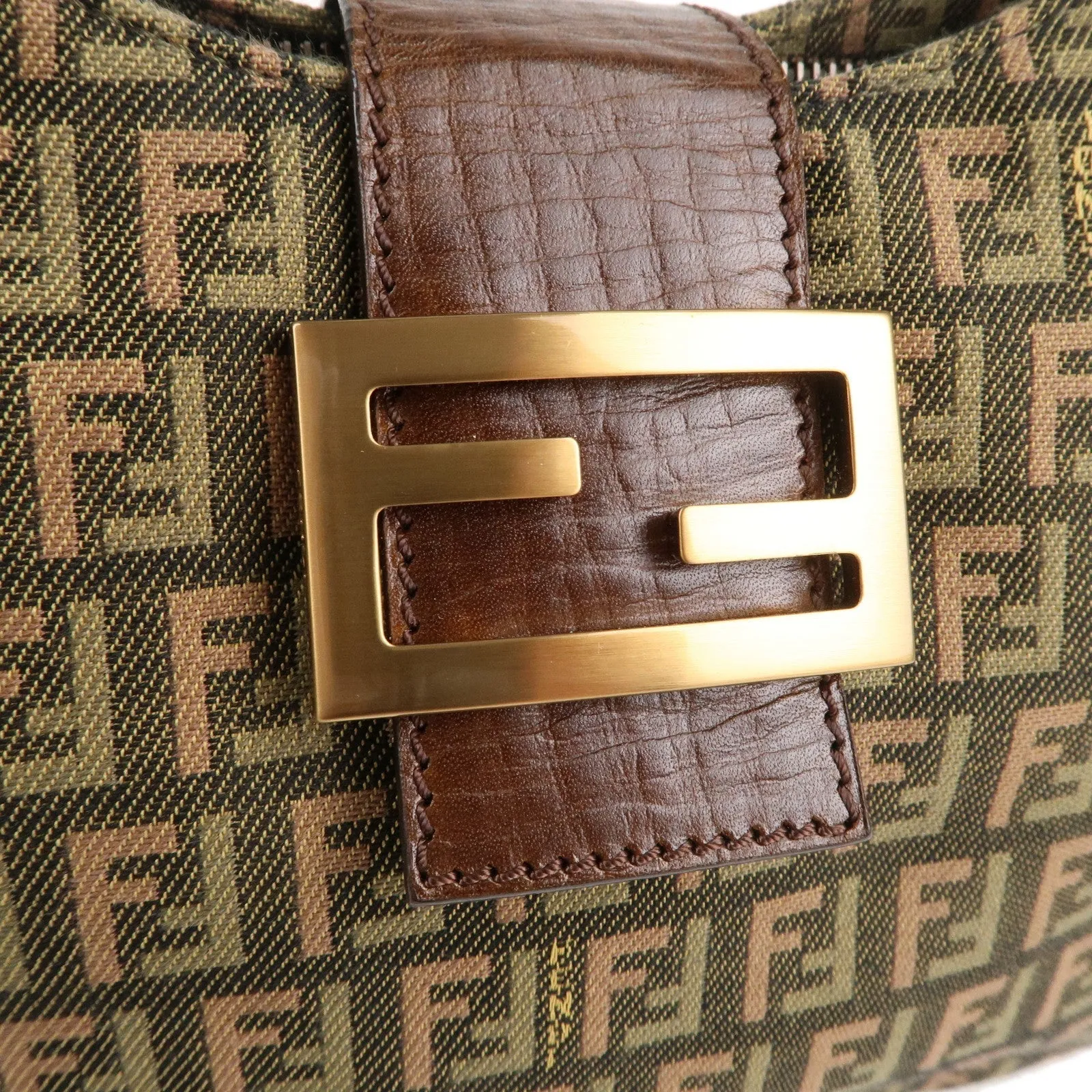 FENDI Zucchino Canvas Leather Shoulder Bag Khaki Brown 8BR036