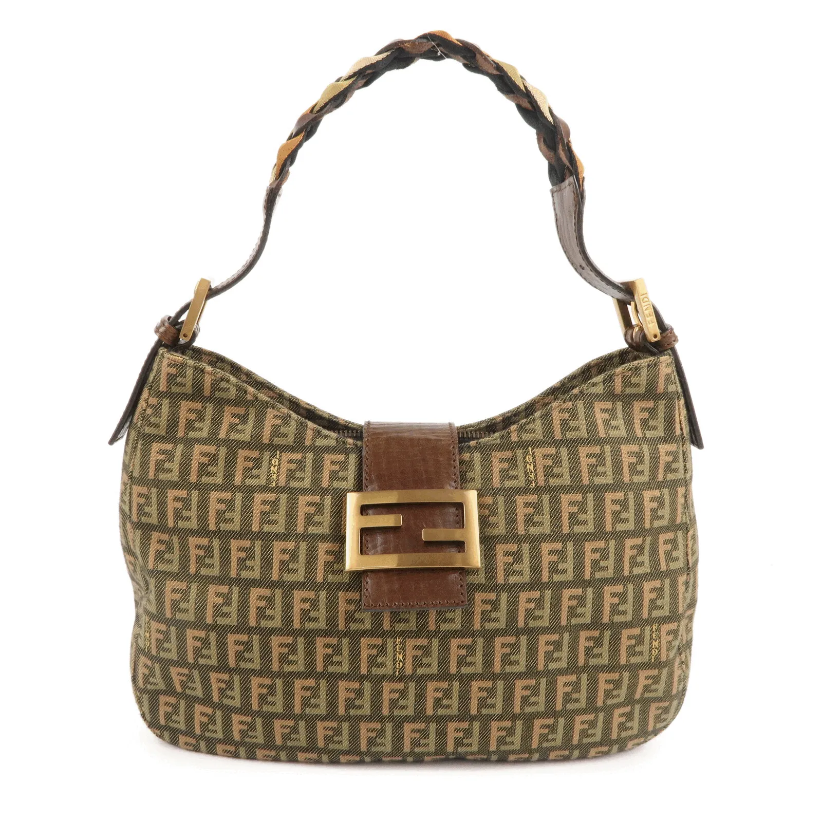 FENDI Zucchino Canvas Leather Shoulder Bag Khaki Brown 8BR036