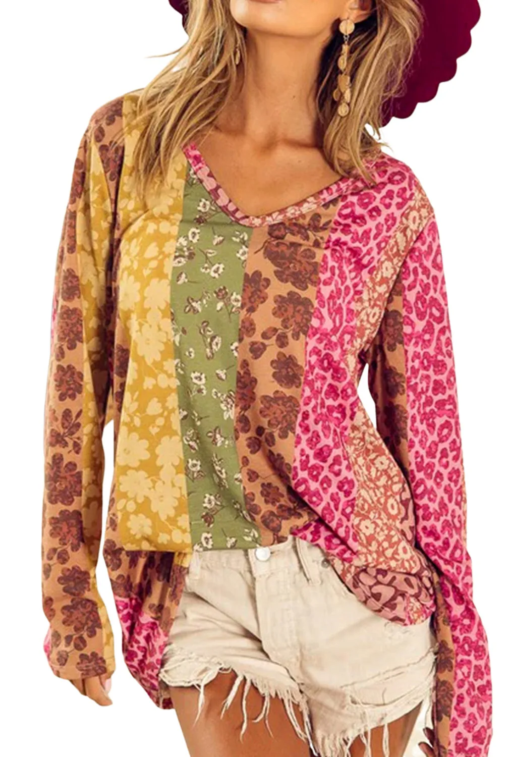 Floral Leopard Patchwork V-Neck Tee