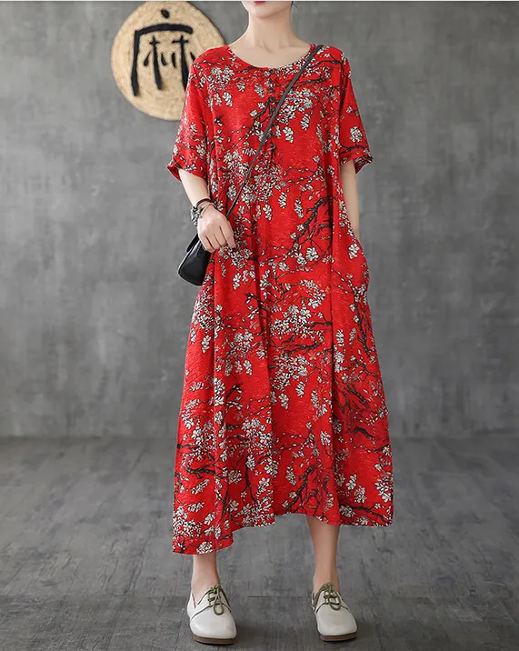 Floral Long Sleeve Summer Spring Linen Women Dresses DZA206103