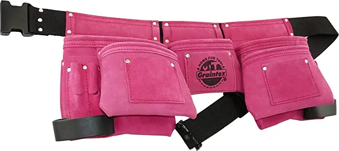 Graintex - #DS1118 8 Pocket Pin - k Tool Belt in Suede Leather with 2” Webbing Belt, 2 Leather Hammer Holders Loops