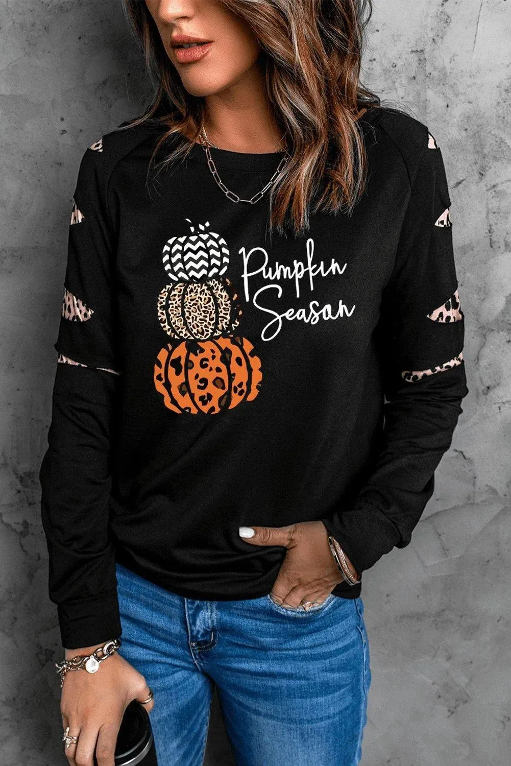 Graphic Leopard Cutout Sleeve Sweatshirt Pumpkin Season 2022