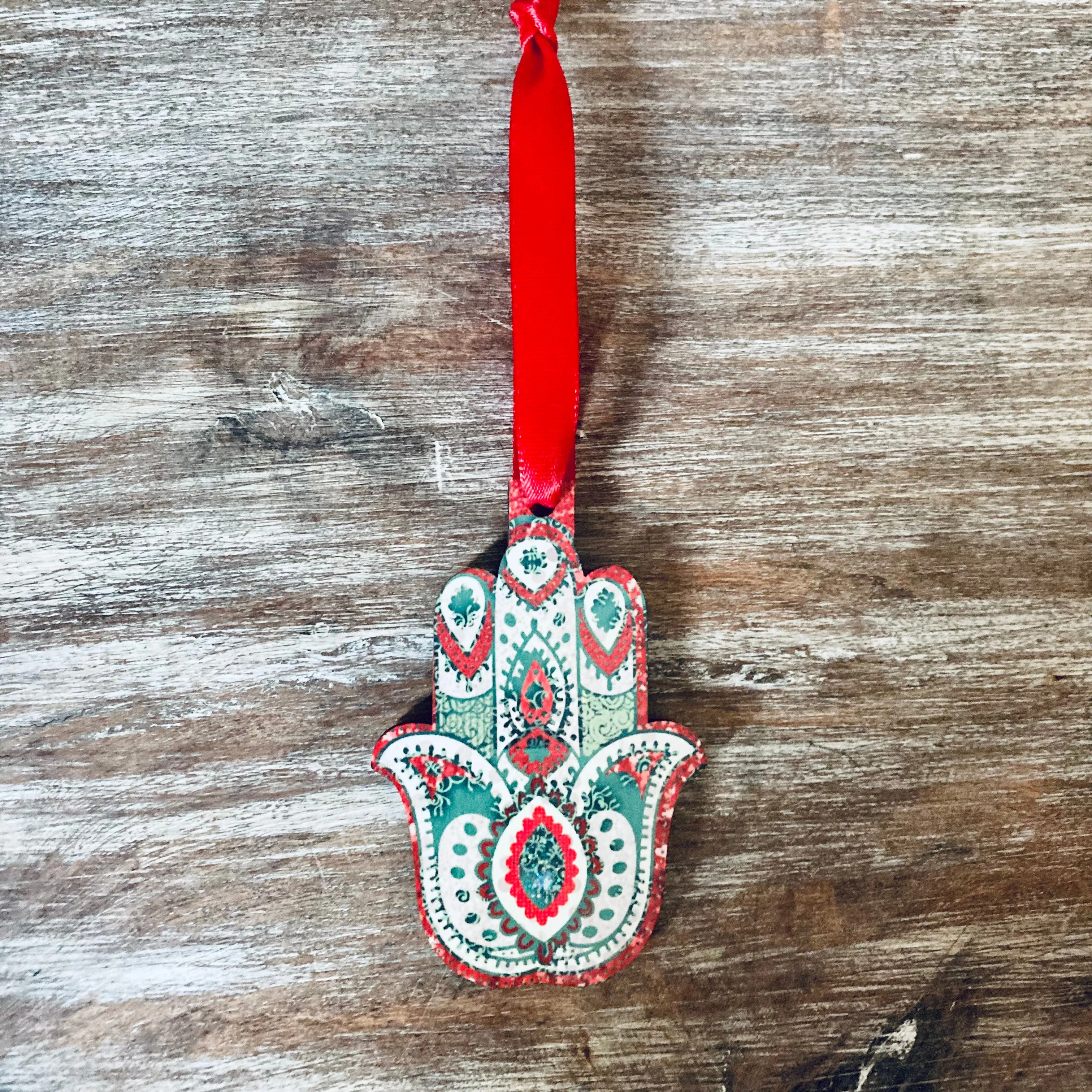 Green & Red Hamsa Wooden Decoration