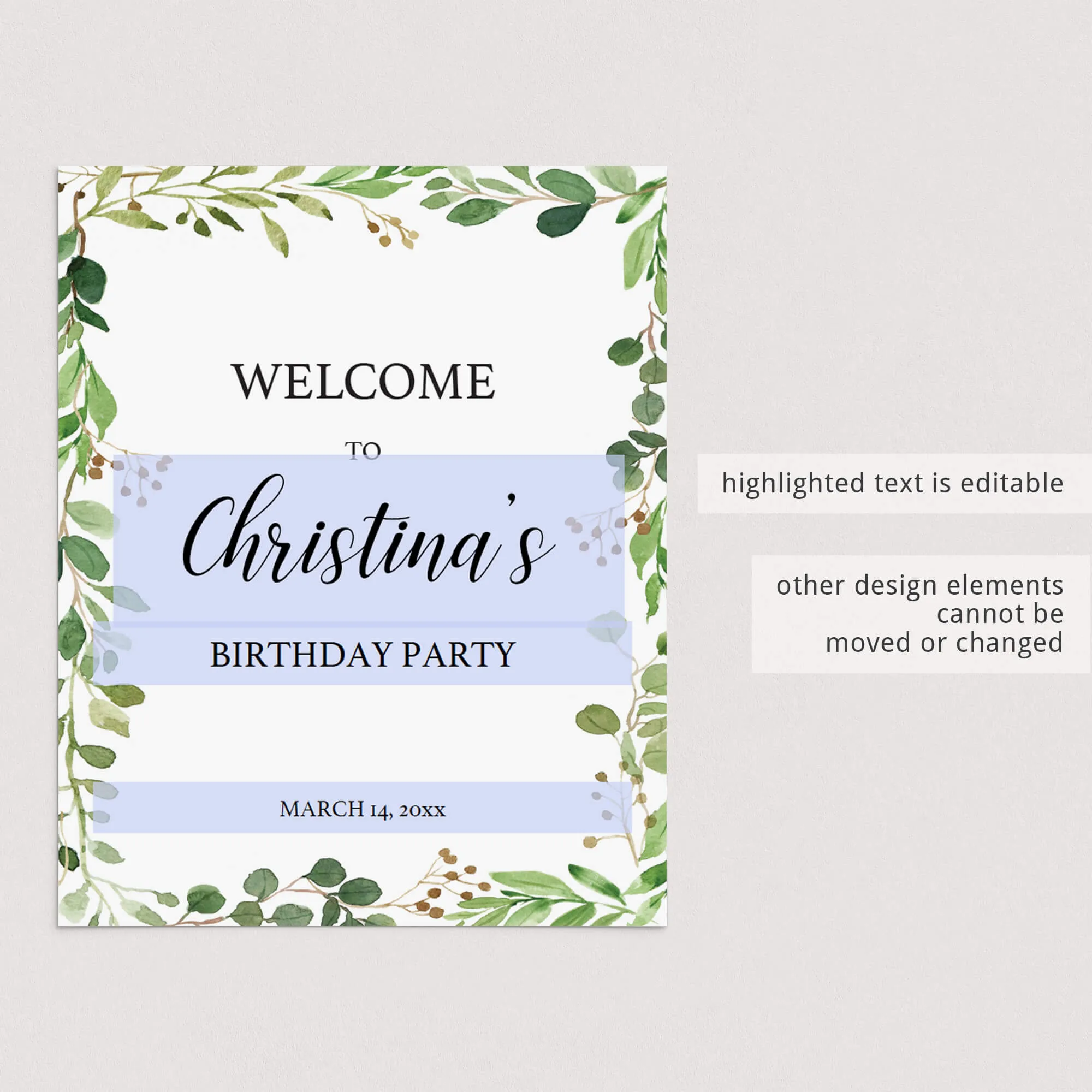 Greenery Leaves Party Welcome Board Template