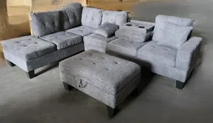 Grey Sectional Sofa Set With Storage Ottoman & Cupholders- Model #87716