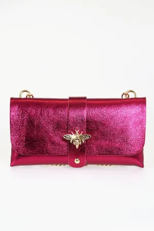 Halle - Italian Leather Clutch Bag - Magenta, Metallic