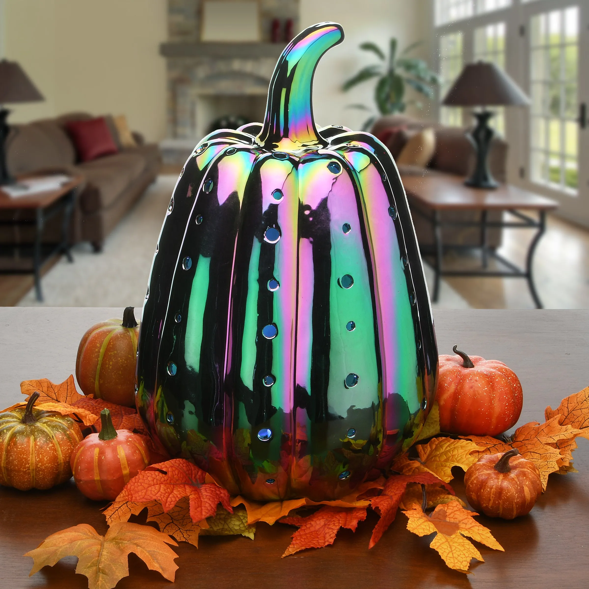 Halloween Pre-Lit Iridescent Pumpkin Decoration, LED Lights, 14 Inches