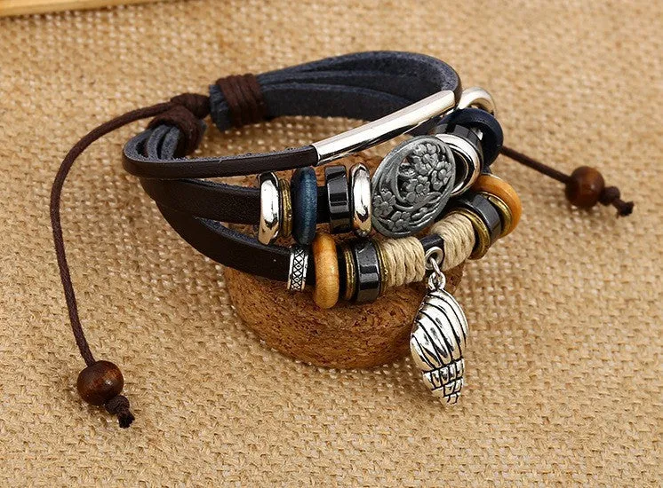 Handmade Braided Charm Genuine Leather Bracelet Women Fashion Conch Shells Bracelets Bangles Korean Jewelry