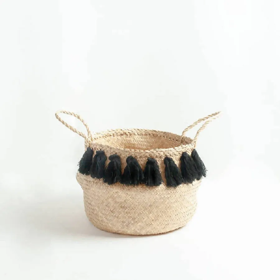 Handwoven Black Tasseled Belly Baskets