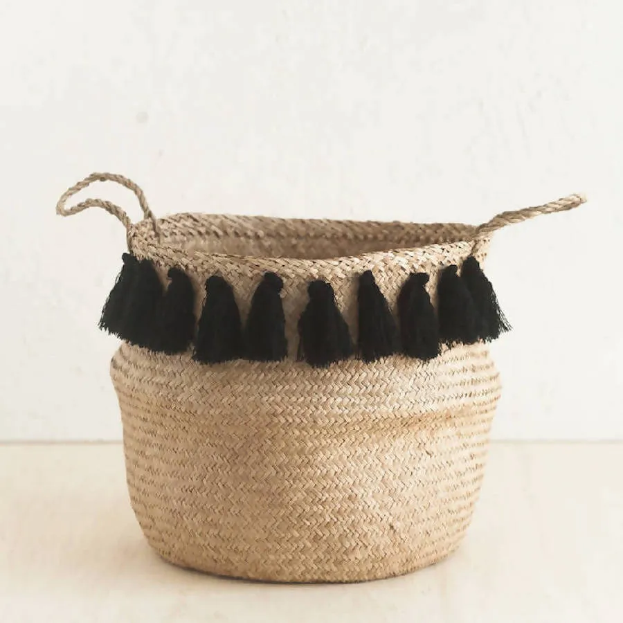 Handwoven Black Tasseled Belly Baskets