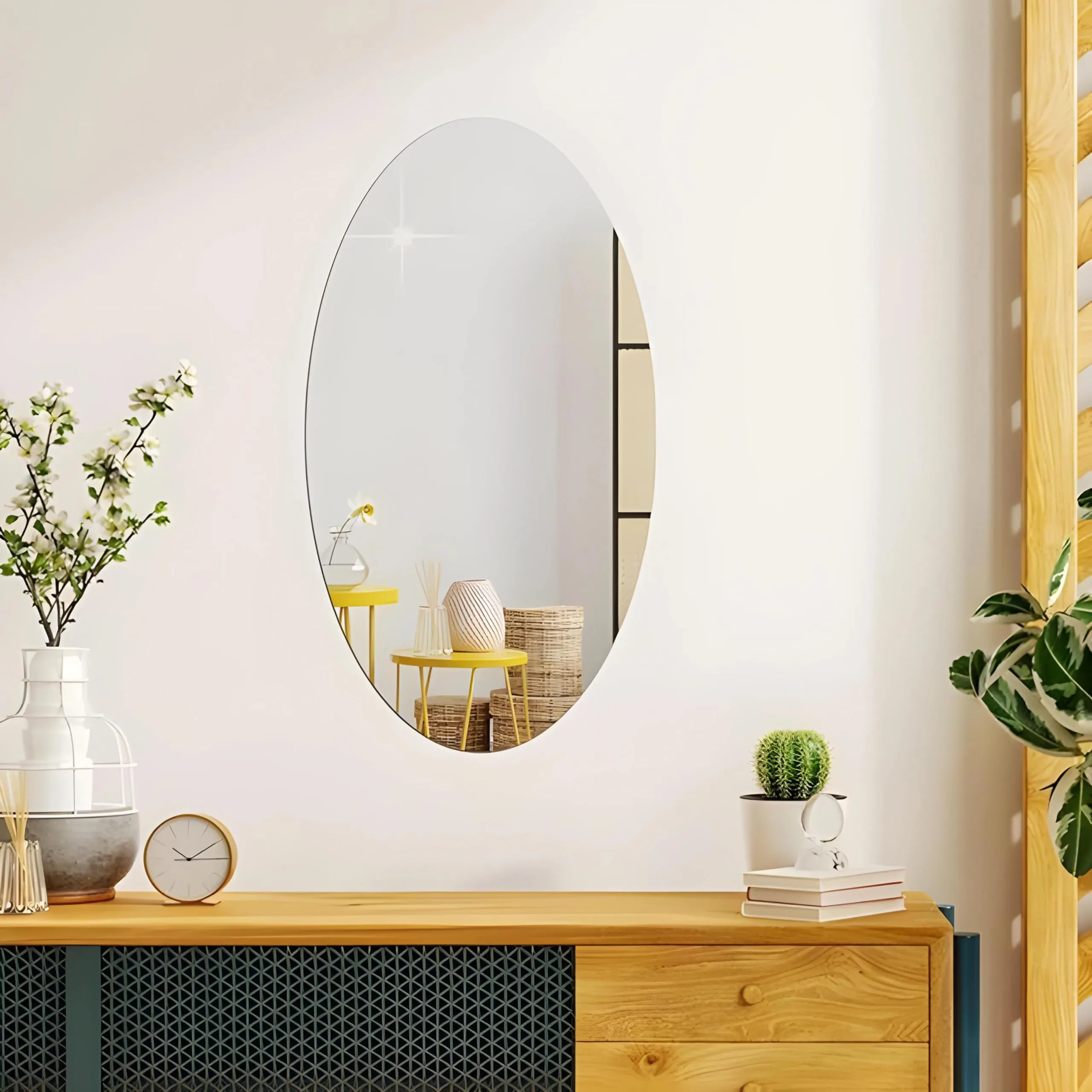 HAVENHUES Oval Shape Adhesive Mirror Sticker for Wall on Tiles Bathroom Bedroom Living Room Basin Mirror Bathroom Wall Mirror Stickers Unbreakable Plastic Wall Mirror 30 * 20