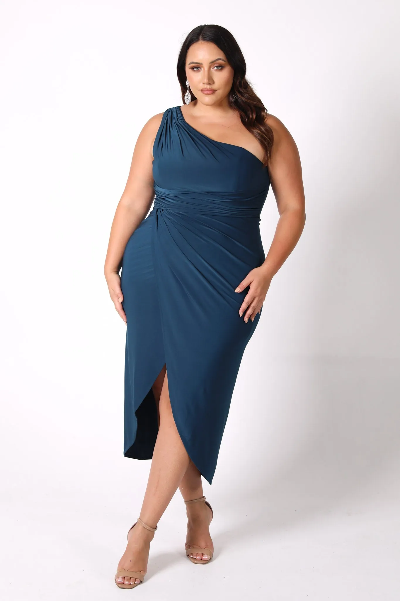 Hayden One Shoulder Midi Dress - Deep Teal