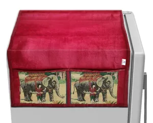 Heart Home Elephent Print Velvet Fridge Top Cover, Protect for Scratches with 4 Utility Side Pockets (Maroon)