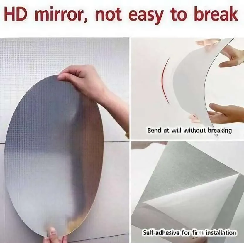 IRQA Oval Shape Adhesive Mirror Sticker for Wall on Tiles Bathroom Bedroom Living Room Basin Mirror Bathroom Wall Mirror Stickers Unbreakable Plastic Vanity Mirror, Makeup Mirror (Style_51