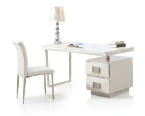 Ivory White Elegant Glass Top Office Desk Table with Pedestal Drawer