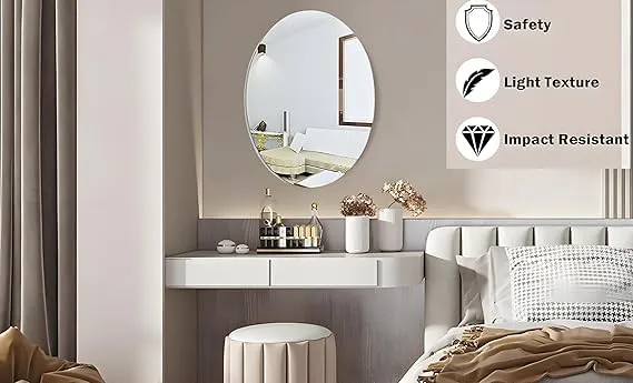 JAMBUVANTI Oval Shape Adhesive Mirror Sticker for Wall on Tiles Bathroom Bedroom Living Room Basin Mirror Bathroom Wall Mirror Stickers Unbreakable Plastic Wall Mirror 20 * 30