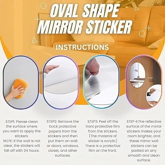 JAMBUVANTI Oval Shape Adhesive Mirror Sticker for Wall on Tiles Bathroom Bedroom Living Room Basin Mirror Bathroom Wall Mirror Stickers Unbreakable Plastic Wall Mirror 20 * 30