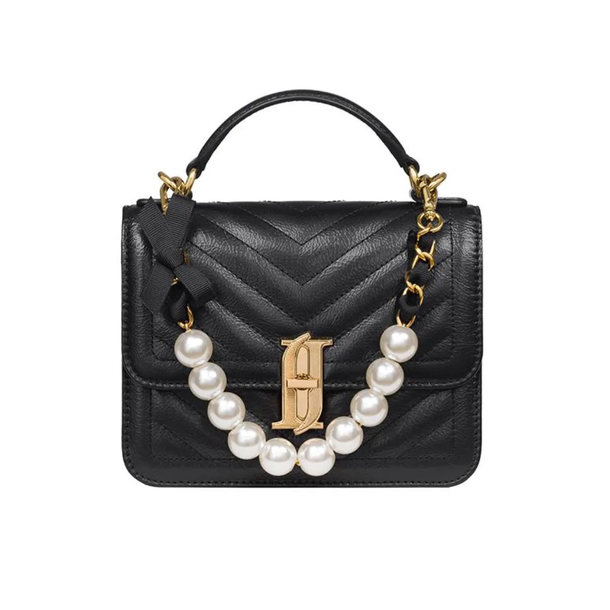 J.ESTINA JOELLE Ribbon Pearl Short Chain Black Handbag Optional Strap / from Seoul, Korea