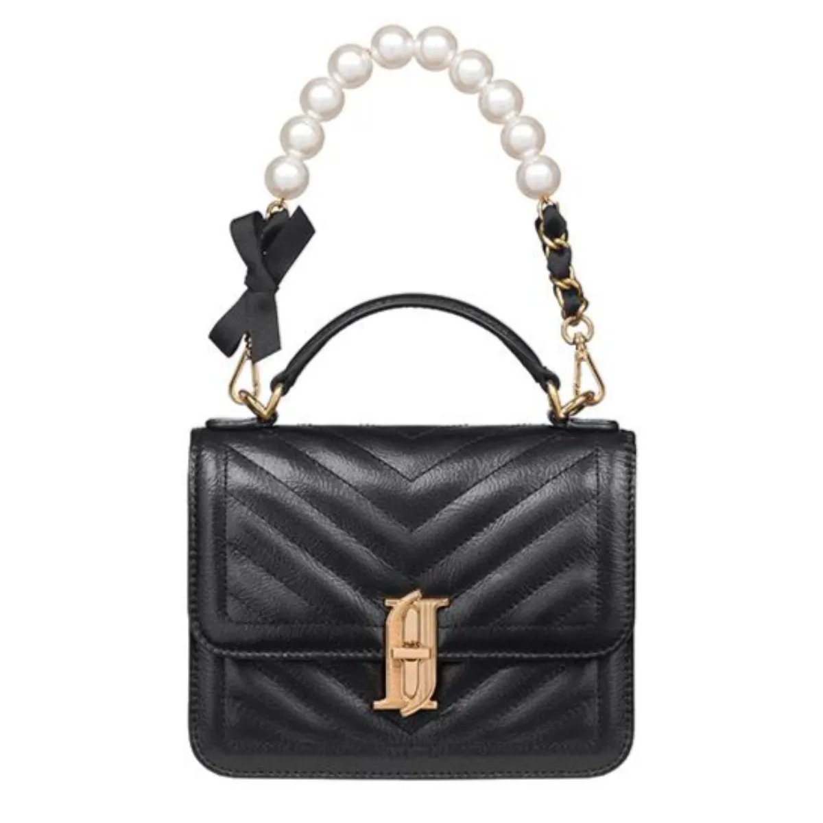 J.ESTINA JOELLE Ribbon Pearl Short Chain Black Handbag Optional Strap / from Seoul, Korea