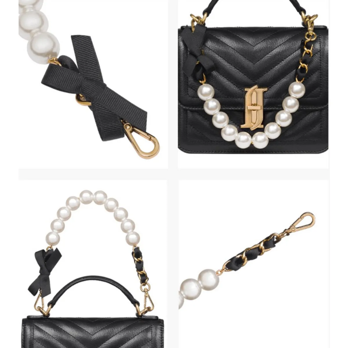 J.ESTINA JOELLE Ribbon Pearl Short Chain Black Handbag Optional Strap / from Seoul, Korea