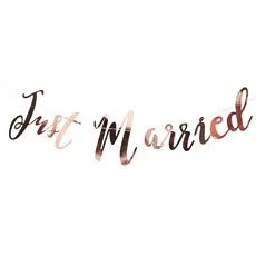 JUST MARRIED METALLIC ROSE GOLD WEDDING BANNER