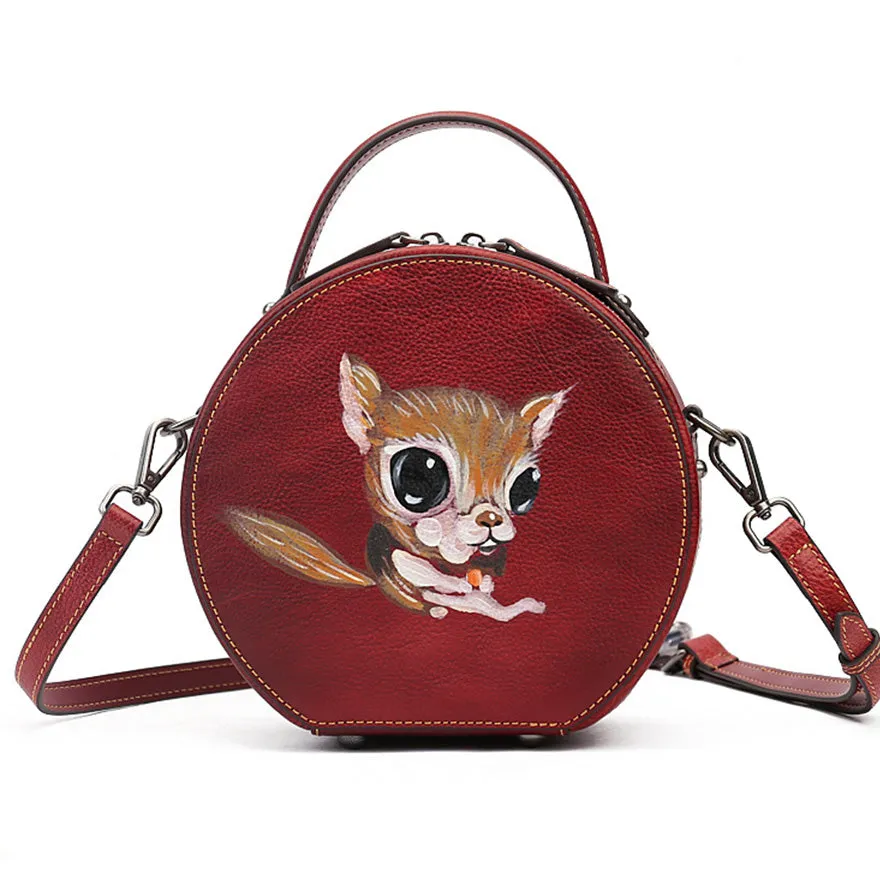 Ladies Leather Circle Bag With Hand-drawn Squirrel Side Bags For Women