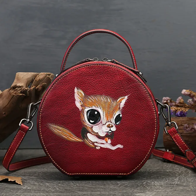 Ladies Leather Circle Bag With Hand-drawn Squirrel Side Bags For Women