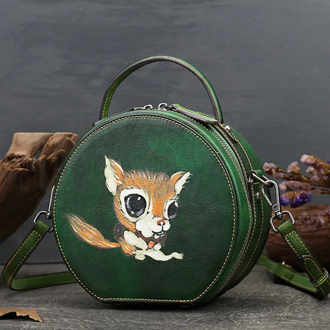 Ladies Leather Circle Bag With Hand-drawn Squirrel Side Bags For Women