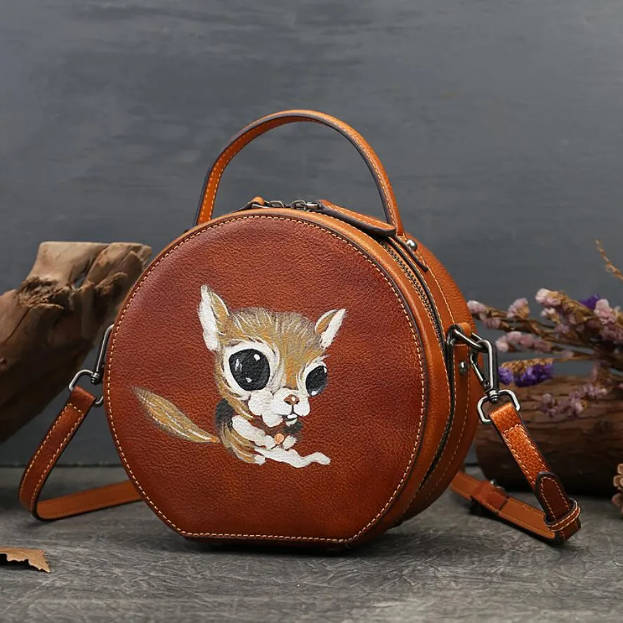 Ladies Leather Circle Bag With Hand-drawn Squirrel Side Bags For Women