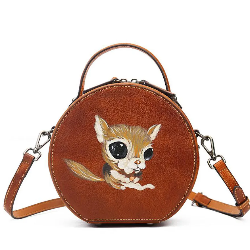 Ladies Leather Circle Bag With Hand-drawn Squirrel Side Bags For Women