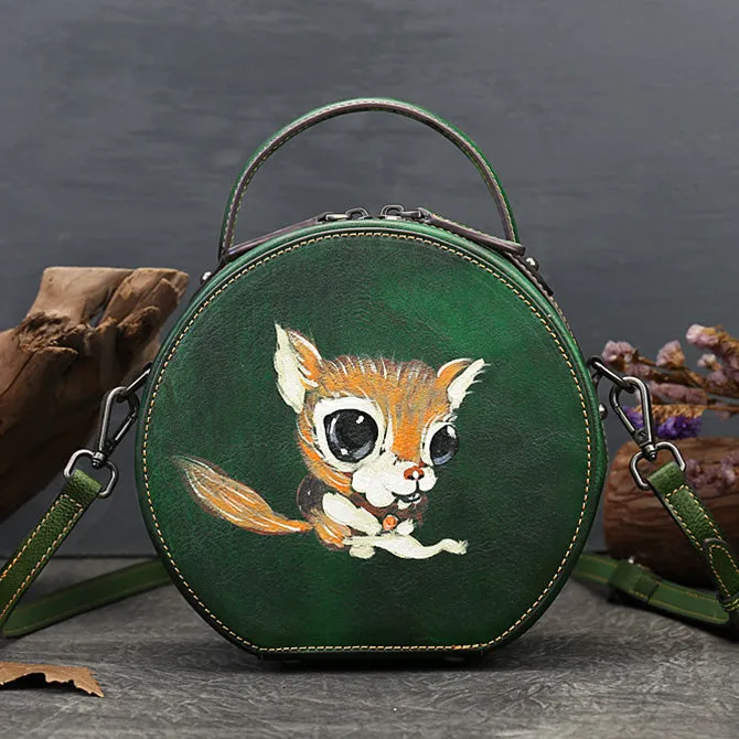 Ladies Leather Circle Bag With Hand-drawn Squirrel Side Bags For Women