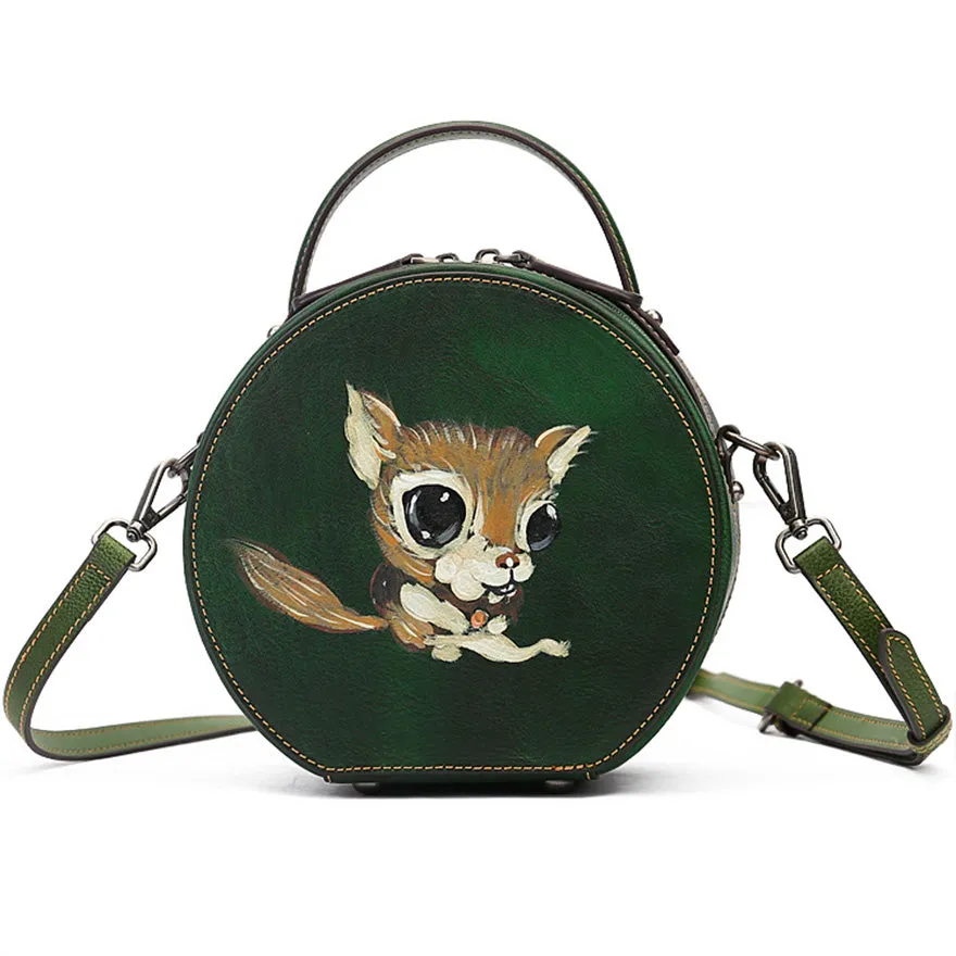 Ladies Leather Circle Bag With Hand-drawn Squirrel Side Bags For Women